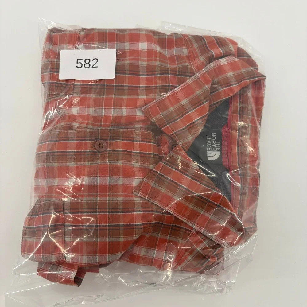 The North Face Mens Large Orange Plaid Short Sleeve Hiking Button Down Shirt